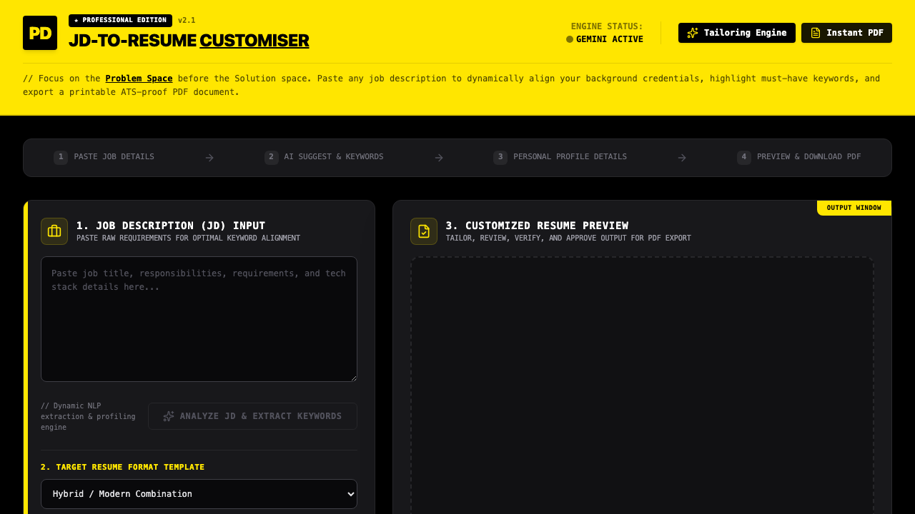 Screenshot of Abhishek Shetty's JD-to-resume customiser submission
