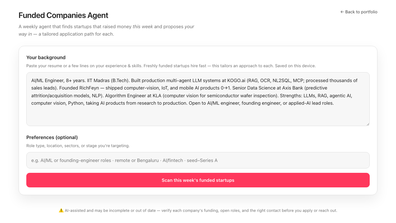 Screenshot of Rashmi Mahadevaiah's Weekly funded-companies agent submission