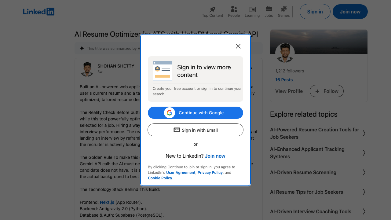 Screenshot of Shohan Shetty's JD-to-resume customiser submission
